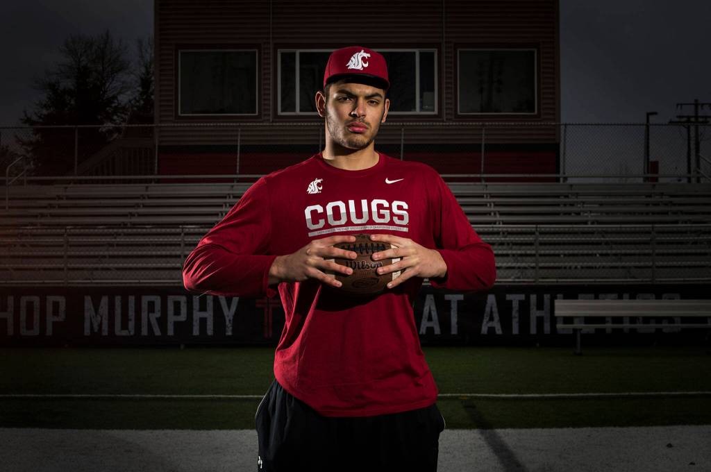 Archbishop Murphy's star football player Abraham Lucas poses for a portrait on Monday, Jan. 30, 2017 in Everett. Lucas will be joining Washington State University's team this fall. (Daniella Beccaria / The Herald)