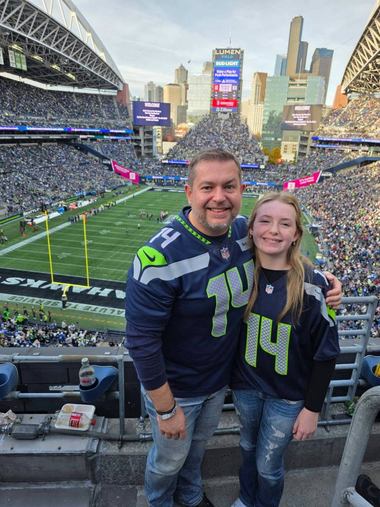 Seth Nilson and his daughter Maddie attend a game during the 2025 season at Lumen Field in Seattle, Washington (Photo courtesy of Seth Nilson)