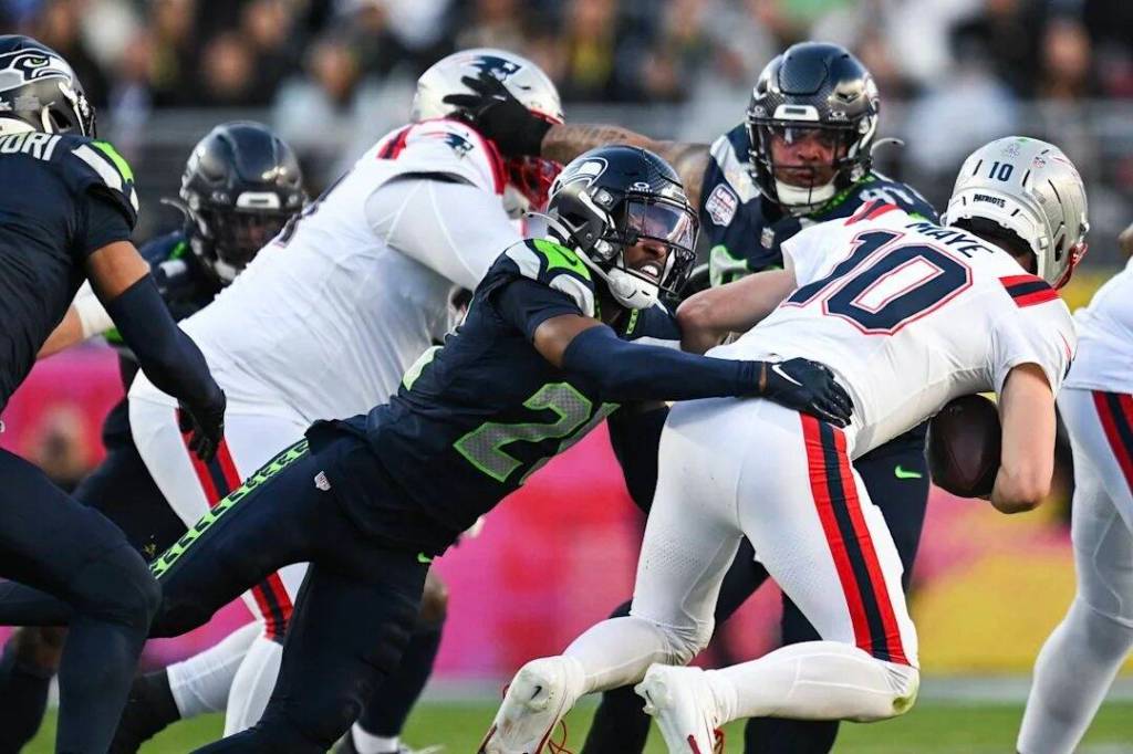 Seahawks cornerback Devon Witherspoon (21) sacks New England Patriots quarterback Drake Maye (10) during Super Bowl LX on Sunday, February 8, 2026 at Levis Stadium in Santa Clara, California. (Photo courtesy of the Seattle Seahawks)