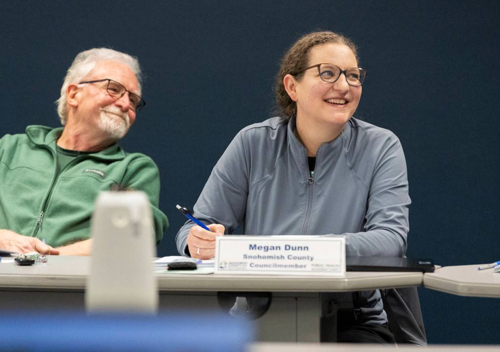 Snohomish County Board of Health member and Snohomish County Council member Megan Dunn sits at a board meeting on Tuesday, Feb. 10, 2026 in Everett, Washington. (Olivia Vanni / The Herald)