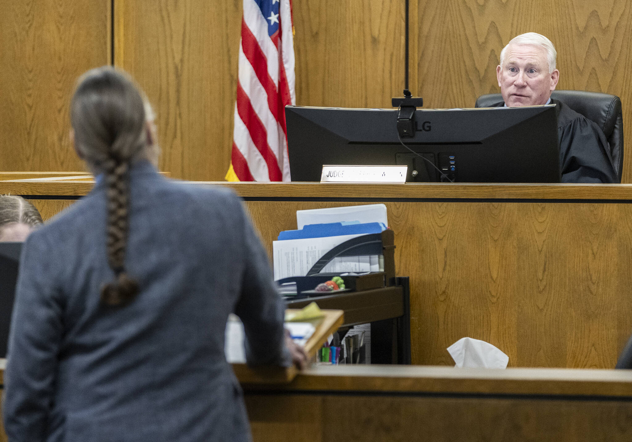 Judge Joseph Wilson rules that Flock footage is subject to public records requests during a hearing for the City of Everett vs. Jose Rodriguez at the Snohomish County Courthouse on Tuesday, Feb. 24, 2026 in Everett, Washington. (Olivia Vanni / The Herald)