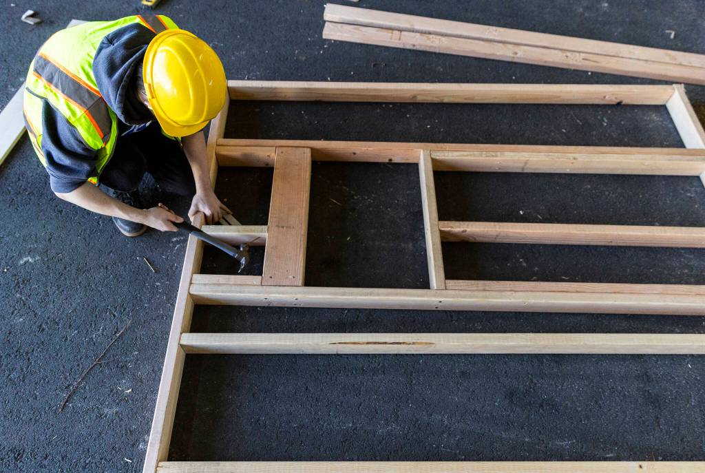 A student adjusts a small piece of wood before hammering in a nail while framing a wall on Tuesday, Feb. 10, 2026 in Marysville, Washington. (Olivia Vanni / The Herald)