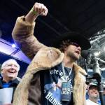 Seahawks tight end AJ Barner speaks to the Lumen Field crowd as (from left to right) quarterback Sam Darnold, radio voice Steve Raible, general manager John Schneider and safety Julian Love watch during a Super Bowl celebration at Lumen Field in Seattle, Washington on Wednesday, Feb. 11, 2026. (Photo courtesy of the Seattle Seahawks)