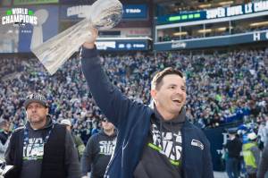 Seahawks head coach Mike Macdonald walks through Lumen Field with the Lombardi Trophy during a Super Bowl celebration at Lumen Field in Seattle, Washington on Wednesday, Feb. 11, 2026. (Photo courtesy of the Seattle Seahawks)
