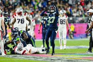 Seattle Seahawks cornerback Riq Woolen (27) celebrates after New England Patriots quarterback Drake Maye was sacked during Super Bowl LX at Levi's Stadium in Santa Clara, California on Sunday, Feb. 8, 2026. (Photo courtesy of the Seattle Seahawks)