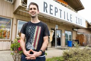 Isaac Peterson, owner of the Reptile Zoo, outside of his business on Tuesday, Aug. 19, 2025 in Monroe, Washington. (Olivia Vanni / The Herald)