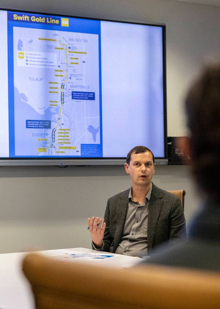 The Swift Gold Line is discussed during a tour and roundtable at Community Transits corporate headquarters with U.S. Sen. Patty Murray on Wednesday, Feb. 18, 2026 in Everett, Washington. (Olivia Vanni / The Herald)