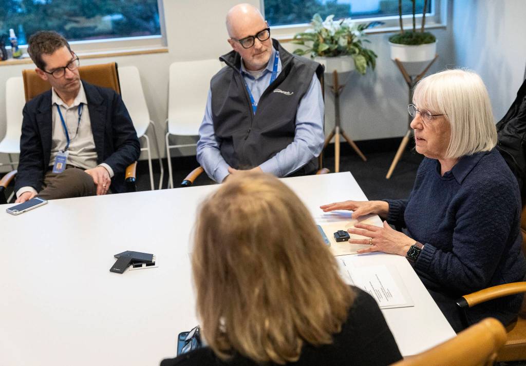 U.S. Sen. Patty Murray talks with Community Transit employees during a tour and roundtable at Community Transits corporate headquarters on Wednesday, Feb. 18, 2026 in Everett, Washington. (Olivia Vanni / The Herald)