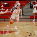 Snohomish senior Siena Capelli charges up the court during the Panthers 47-36 win against Meadowdale in the District 1 3A semifinals at Snohomish High School on Feb. 18, 2026. (Joe Pohoryles/The Herald)