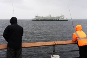 Amid cold, wind and rain, people fish along a pier in Edmonds while they watch a state ferry travel to Kingston on Monday, Nov. 17 in Edmonds, Washington. (Will Geschke / The Herald)