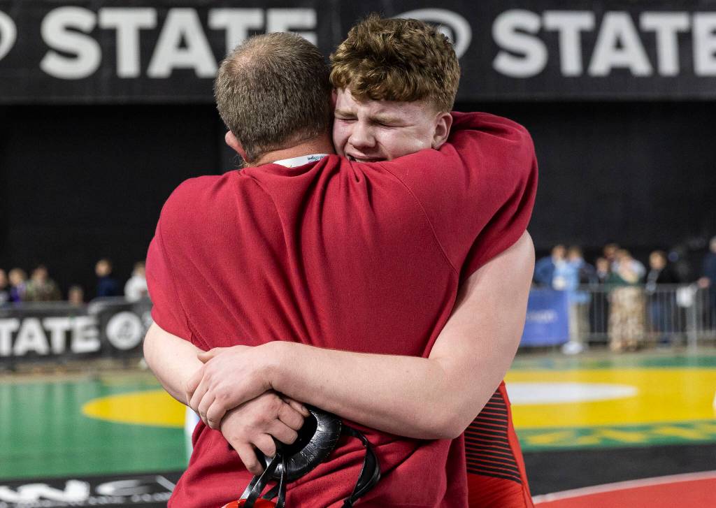 Snohomishs Odin Schwabenbauer reacts after wining the 3A boys 285-pound championship match at the Mat Classic on Friday, Feb. 20, 2026 in Tacoma, Washington. (Olivia Vanni / The Herald)
