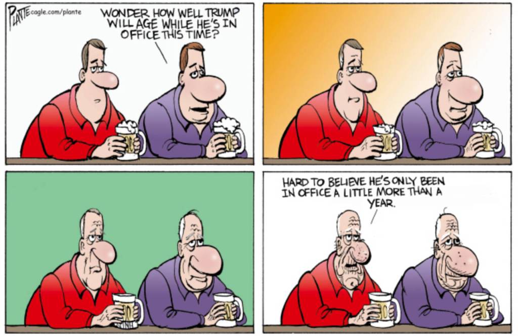 Two guys wondering how well Trump will age, President Donald J. Trump, graying, old, wrinkles, citizens aging,  seniors, Americans concerned, worried, scared, scary, horrified, disturbed
