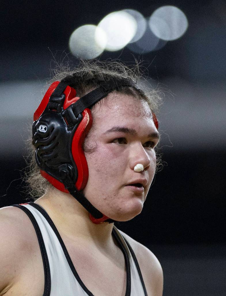 Stanwoods Makayla Finch looks on during the 3A girls 170-pound semifinal match at the Mat Classic on Friday, Feb. 20, 2026 in Tacoma, Washington. (Olivia Vanni / The Herald)