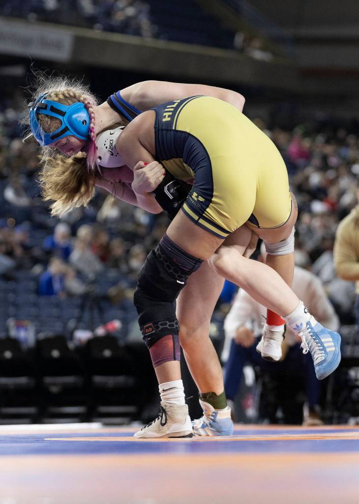 Shorewoods Finley Houck wrestles during the 3A girls 115-pound championship match at the Mat Classic on Friday, Feb. 20, 2026 in Tacoma, Washington. (Olivia Vanni / The Herald)