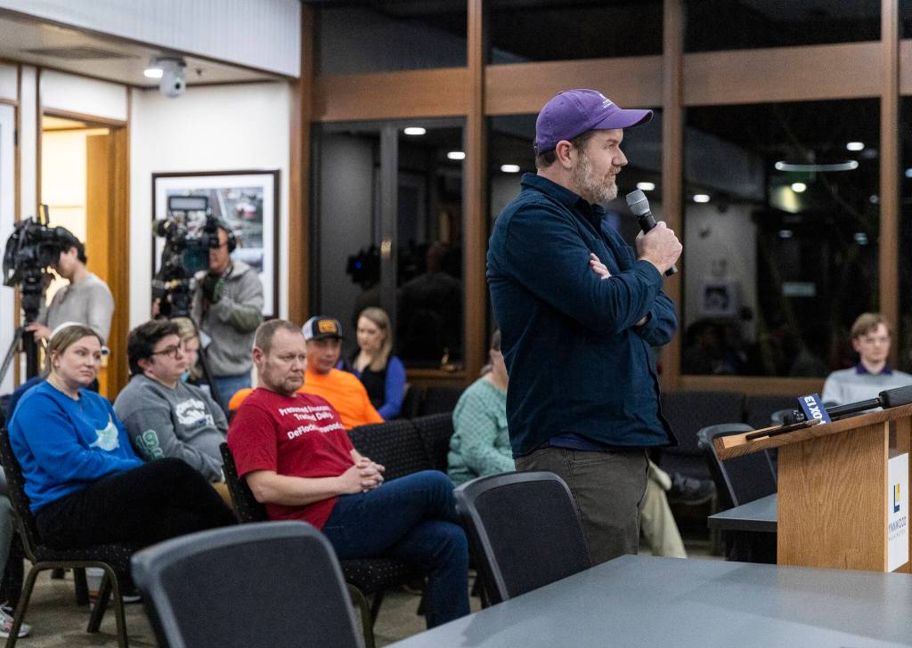 Tyler Hall speaks in opposition of the current Flock cameras within the city during a Lynnwood City Council meeting on Monday, Feb. 23, 2026, in Lynnwood, Washington. (Olivia Vanni / The Herald)