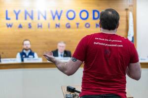 Quinn Van Order speaks to the Lynnwood City Council in opposition of the current Flock cameras before the council votes on their current contract with Flock on Monday, Feb. 23, 2026 in Lynnwood, Washington. (Olivia Vanni / The Herald)