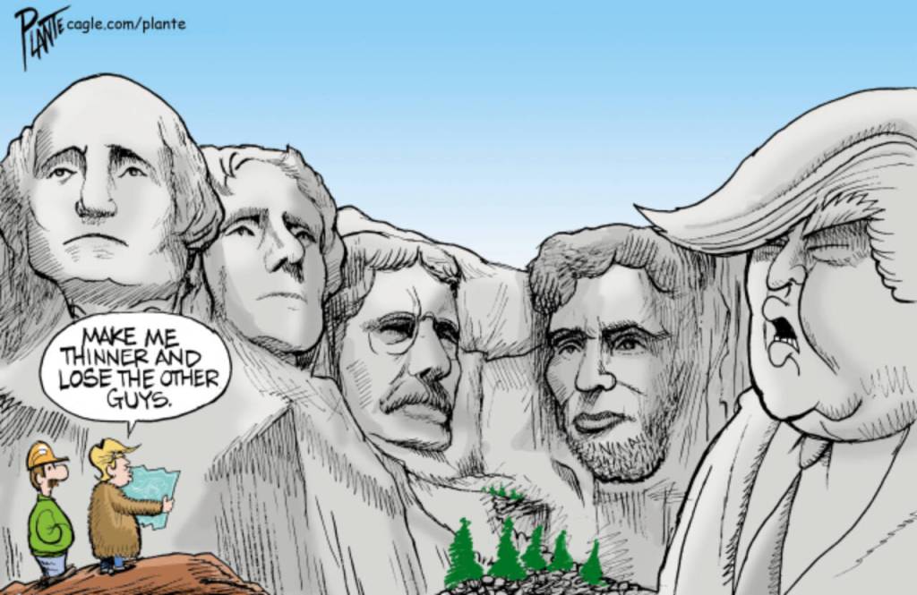Mount Rushmore plus Trump, George Washington, Thomas Jefferson, Theodore Roosevelt, Abraham Lincoln, Donald J. Trump, naming frenzy, granite, Black Hills, South Dakota, massive sculpture