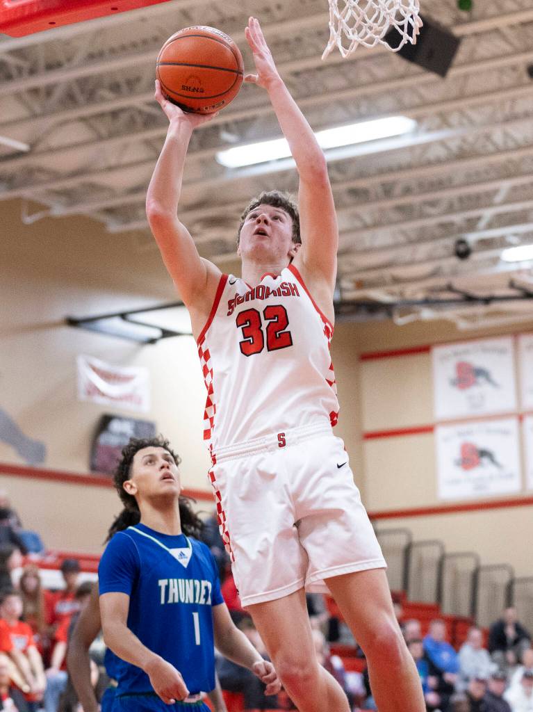 Snohomishs Jack Rotondo makes a layup during the 3A state opening round loser-out game against Mountain View on Tuesday, Feb. 24, 2026 in Snohomish, Washington. (Olivia Vanni / The Herald)