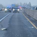 Traffic backed up for three miles after a collision involving a school bus and another vehicle Tuesday, Feb. 24, 2026, near Marysville, Washington. (Washington State Patrol)