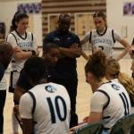 Meadowdale girls basketball head coach Benson Sims talks to his team during a timeout in a state basketball game against River Ridge on Tuesday, Feb. 24, 2026 at Edmonds-Woodway H.S. in Edmonds. (Qasim Ali / The Herald)