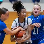 Kings Jemimah Asinobi tries to keep possession of the ball during the 2A state opening round game against Lakeside on Friday, Feb. 27, 2026 in Bothell, Washington. (Olivia Vanni / The Herald)