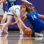 Kings Eleanor Gaydos scrambles for a loose ball during the 2A state opening round game against Lakeside on Friday, Feb. 27, 2026 in Bothell, Washington. (Olivia Vanni / The Herald)