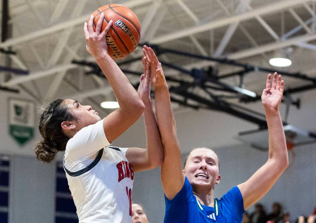 Kings Kaleo Anderson takes a jump shot during the 2A state opening round game against Lakeside on Friday, Feb. 27, 2026 in Bothell, Washington. (Olivia Vanni / The Herald)