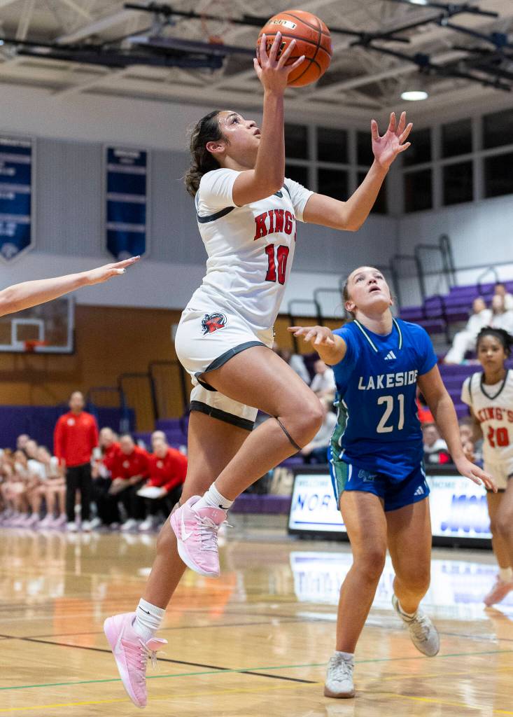 Kings Kaleo Anderson shoots a layup during the 2A state opening round game against Lakeside on Friday, Feb. 27, 2026 in Bothell, Washington. (Olivia Vanni / The Herald)