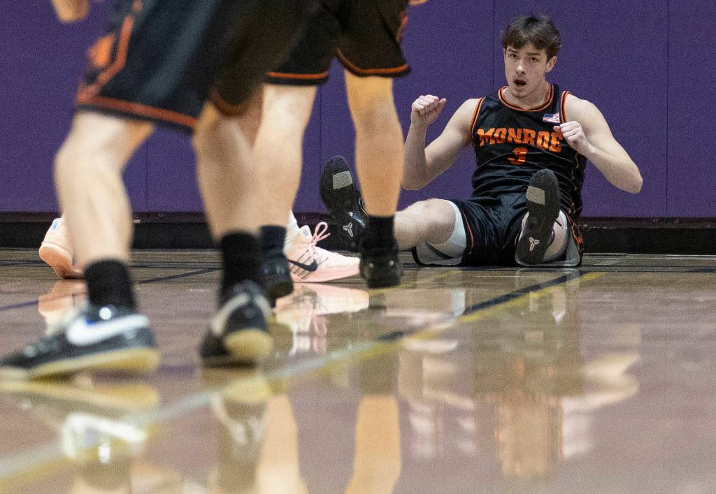Monroes Isaiah Kiehl reacts to drawing a foul during the 3A state opening round loser-out game against Shorewood on Friday, Feb. 27, 2026 in Bothell, Washington. (Olivia Vanni / The Herald)