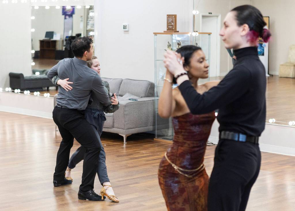 Students and instructors dance during lessons at the Arthur Murray Dance Center on Tuesday, Jan. 13, 2026 in Everett, Washington. (Olivia Vanni / The Herald)
