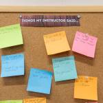Sticky notes with instructor quotes fill a board at the Arthur Murray Dance Center on Tuesday, Jan. 13, 2026 in Everett, Washington. (Olivia Vanni / The Herald)
