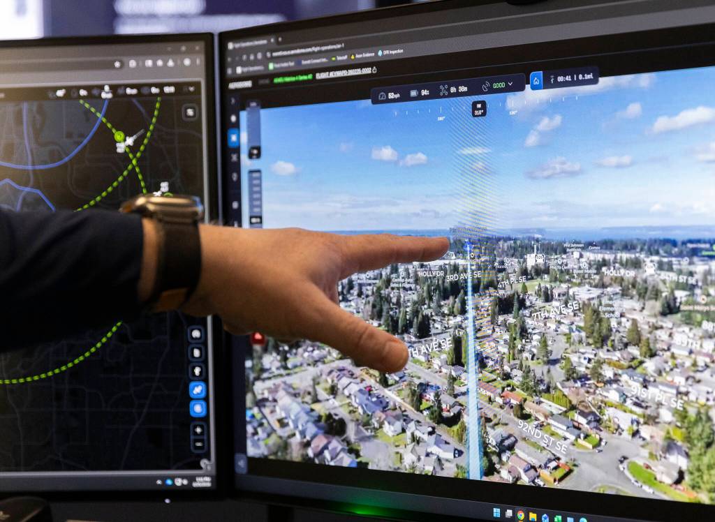Edmonds shows the drones plotted flight path to the fire call on Wednesday, Feb. 25, 2026 in Everett, Washington. (Olivia Vanni / The Herald)