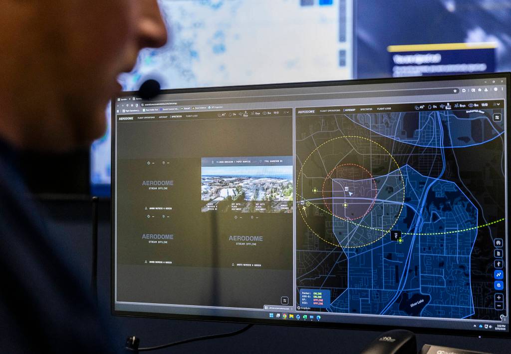 The drones location and proximity to other aircraft are displayed on a screen during a call on Feb. 25 in Everett.