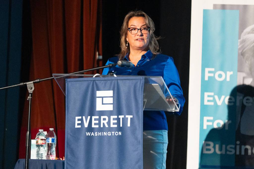 Everett Mayor Cassie Franklin speaks at the 2026 State of the City address on Thursday in Everett. (Will Geschke / The Herald)