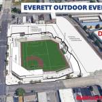 A preliminary rendering of a new outdoor stadium shows how the event center with a home plate entrance at Broadway and Pacific Avenue, looking North. (City of Everett)