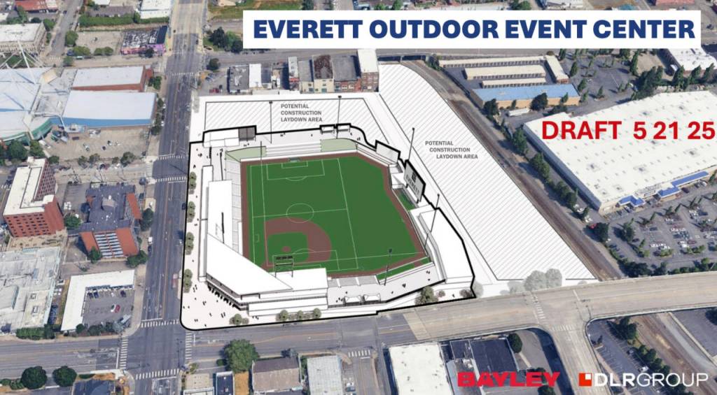 A preliminary rendering of a new outdoor stadium shows how the event center with a home plate entrance at Broadway and Pacific Avenue, looking North. (City of Everett)
