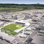 A rendering of possible configuration for a new multi-purpose stadium in downtown Everett, looking southeast. (DLR Group)