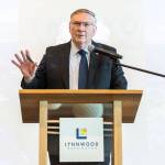 Lynnwood Mayor George Hurst speaks during his State of City address at the Lynnwood Neighborhood Center on Thursday, March 26, 2026 in Lynnwood, Washington. (Olivia Vanni / The Herald)