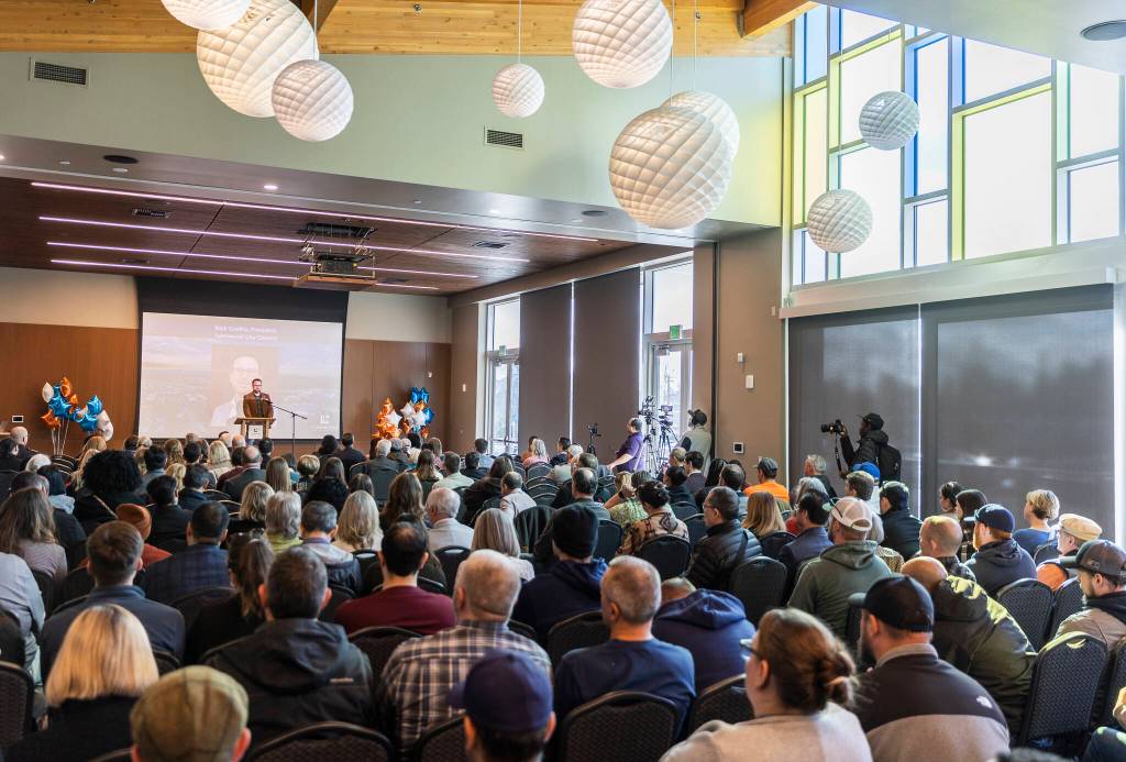 Lynnwood City Council President Nick Coehlo speaks during the State of the City event at the Lynnwood Neighborhood Center on Thursday, March 26, 2026 in Lynnwood, Washington. (Olivia Vanni / The Herald)
