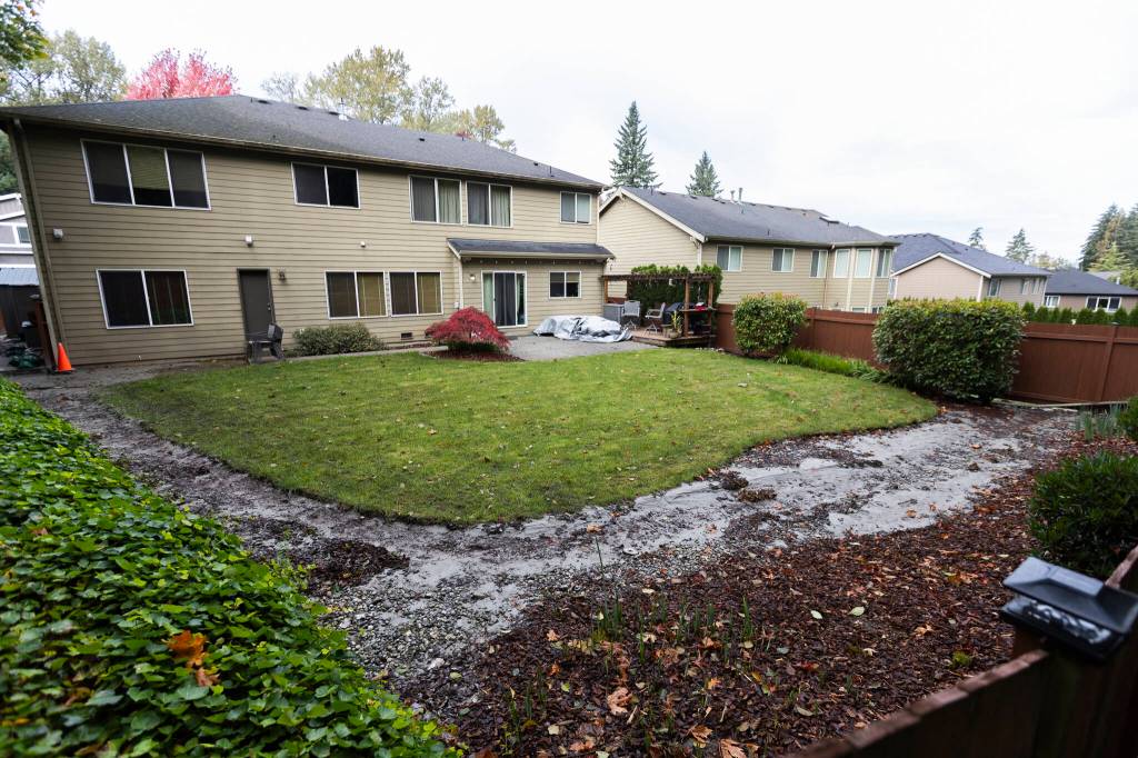 A path of mud runs through the backyard of a Greenleaf home located along 79th Avenue Southeast on Oct. 16, 2025 in Snohomish, Washington. (Olivia Vanni / The Herald)