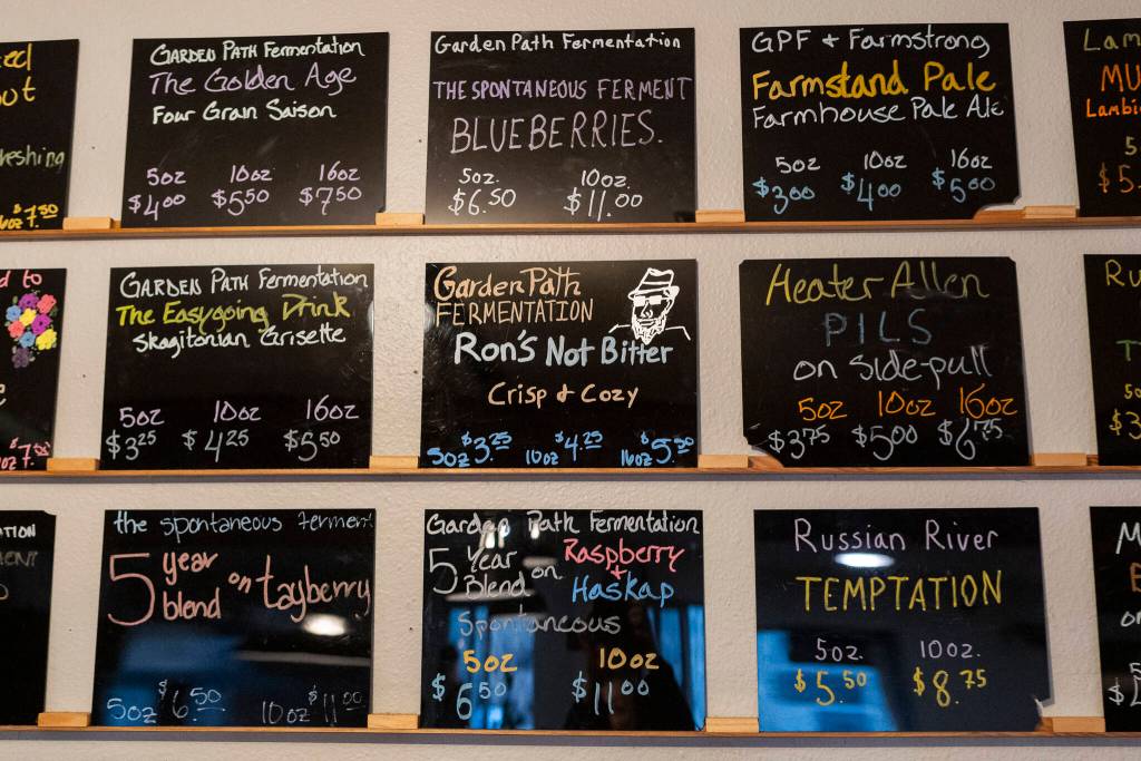 A tap list selection at Garden Path Fermentation on Wednesday, Jan. 7, 2026 in Burlington, Washington. (Olivia Vanni / The Herald)
