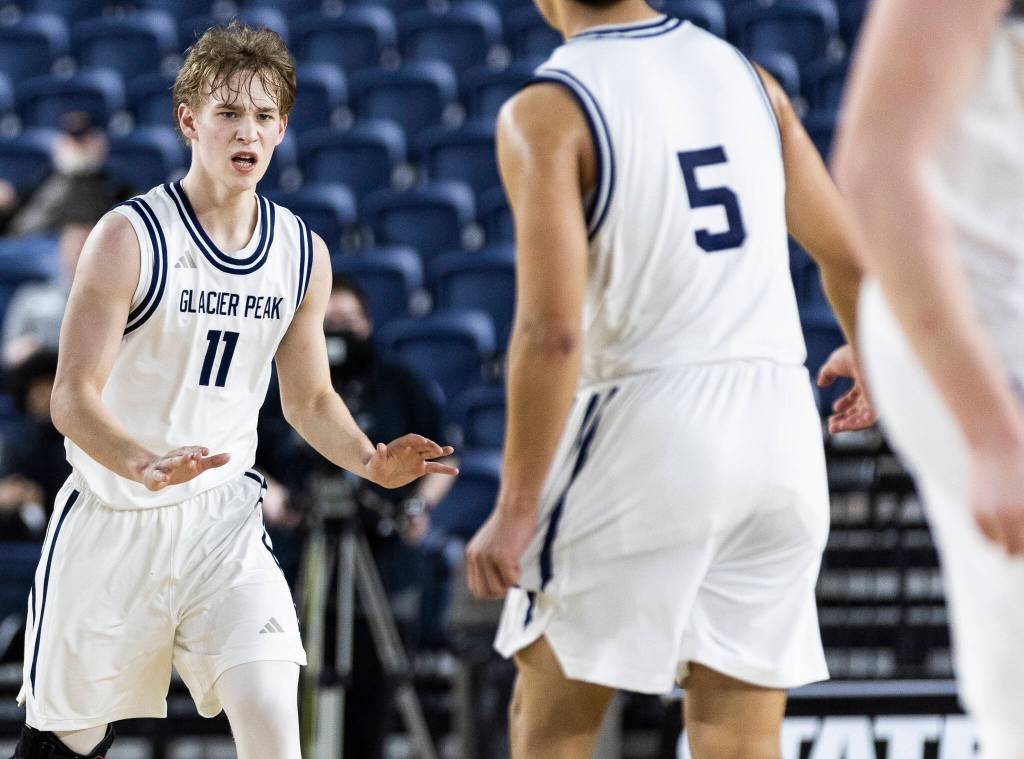 Glacier Peaks Reed Nagel reacts after Woodinville calls a timeout during the 4A state game on Wednesday, March 4, 2026 in Tacoma, Washington. (Olivia Vanni / The Herald)
