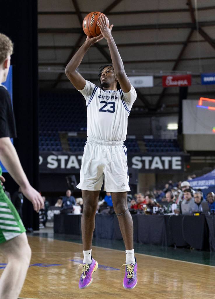 Glacier Peaks Paulos Mulugeta takes a shot during the 4A state game against Woodinville on Wednesday, March 4, 2026 in Tacoma, Washington. (Olivia Vanni / The Herald)