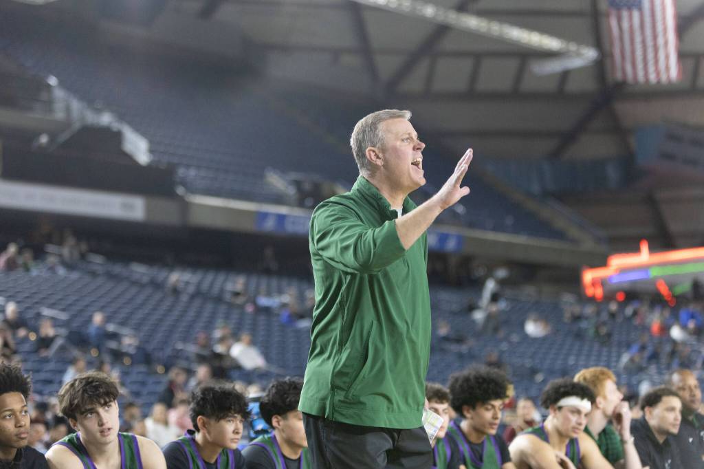 Edmonds-Woodway head coach Tyler Geving shouts to his team during a state Round of 12 game against Prairie on Wednesday, March 4, 2026 at the Tacoma Dome in Tacoma. (Qasim Ali / The Herald)