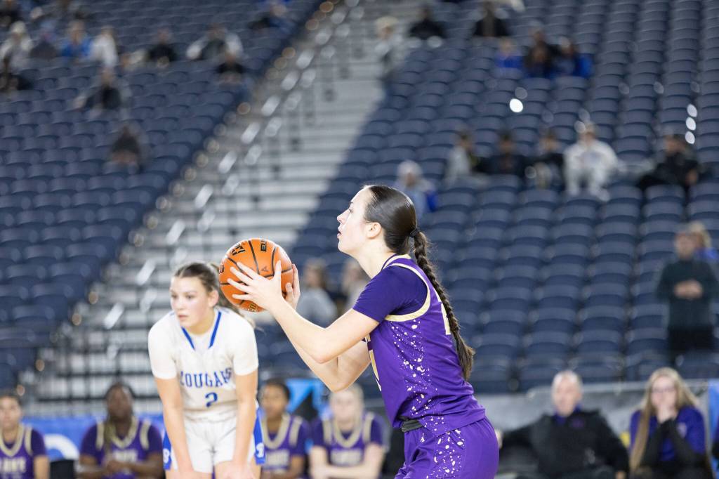 Lake Stevens Kendel Kuehl shoots a free throw during a state round of 12 game against Bothell on Wednesday, March 4, 2026 at the Tacoma Dome in Tacoma. (Qasim Ali / The Herald)