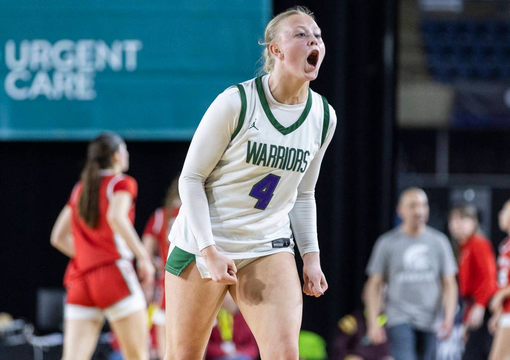 Edmonds-Woodways Finley Wichers reacts after Stanwood calls a timeout during the 3A state game on Wednesday, March 4, 2026 in Tacoma, Washington. (Olivia Vanni / The Herald)