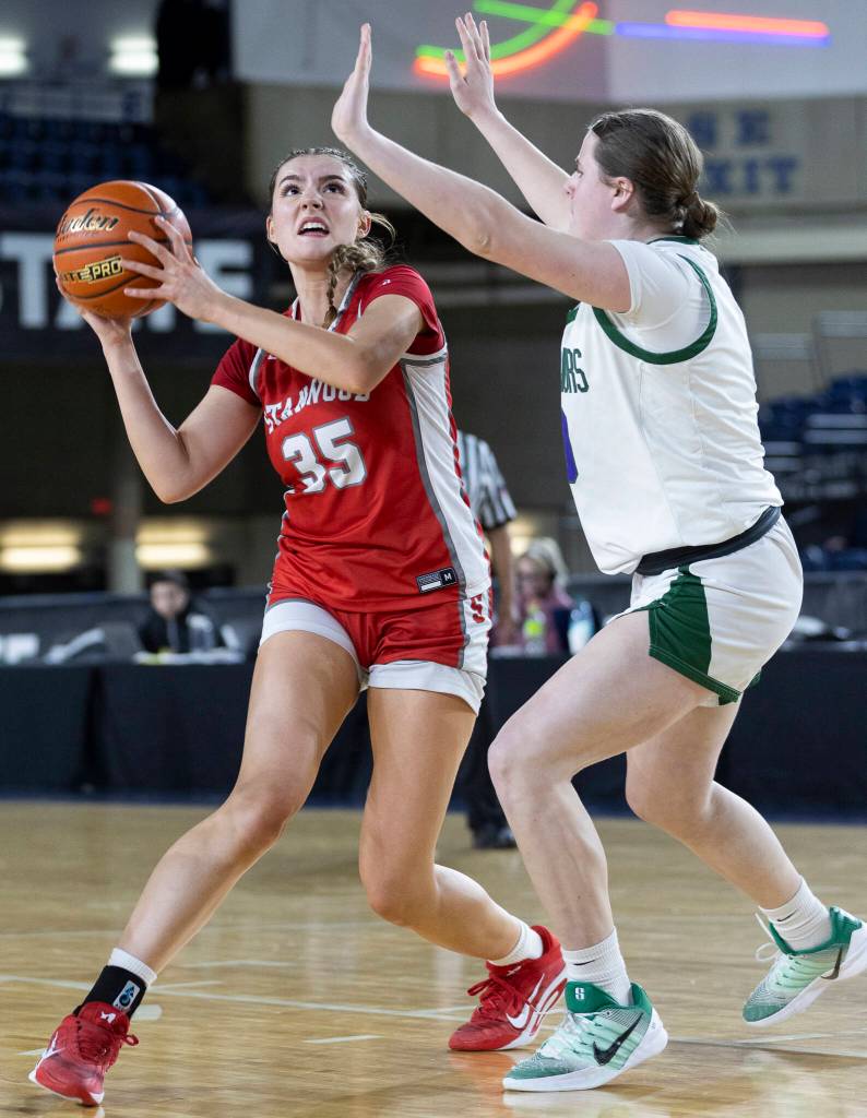 Stanwoods Stella Berrett shoots the ball during the 3A state game against Edmonds-Woodway on Wednesday, March 4, 2026 in Tacoma, Washington. (Olivia Vanni / The Herald)