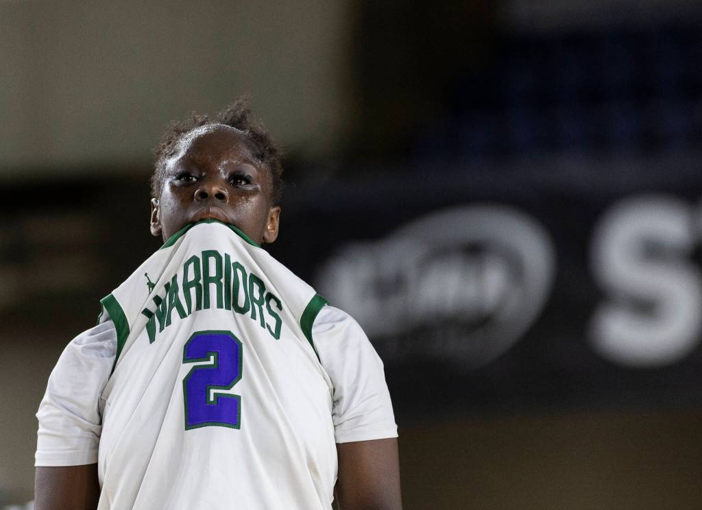 Edmonds-Woodways Zaniyah Jones reacts to a free throw made by Stanwood during the 3A state game on Wednesday, March 4, 2026 in Tacoma, Washington. (Olivia Vanni / The Herald)