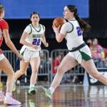 Edmonds-Woodways Amara Leckie passes the ball during the 3A state game against Stanwood on Wednesday, March 4, 2026 in Tacoma, Washington. (Olivia Vanni / The Herald)