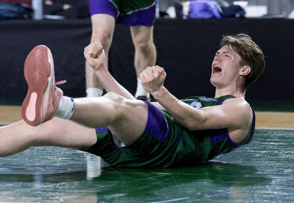Edmonds-Woodways Dennis Karl reacts to drawing a foul call against Bellarmine Prep during the 3A state quarterfinal game on Thursday, March 5, 2026 in Tacoma, Washington. (Olivia Vanni / The Herald)